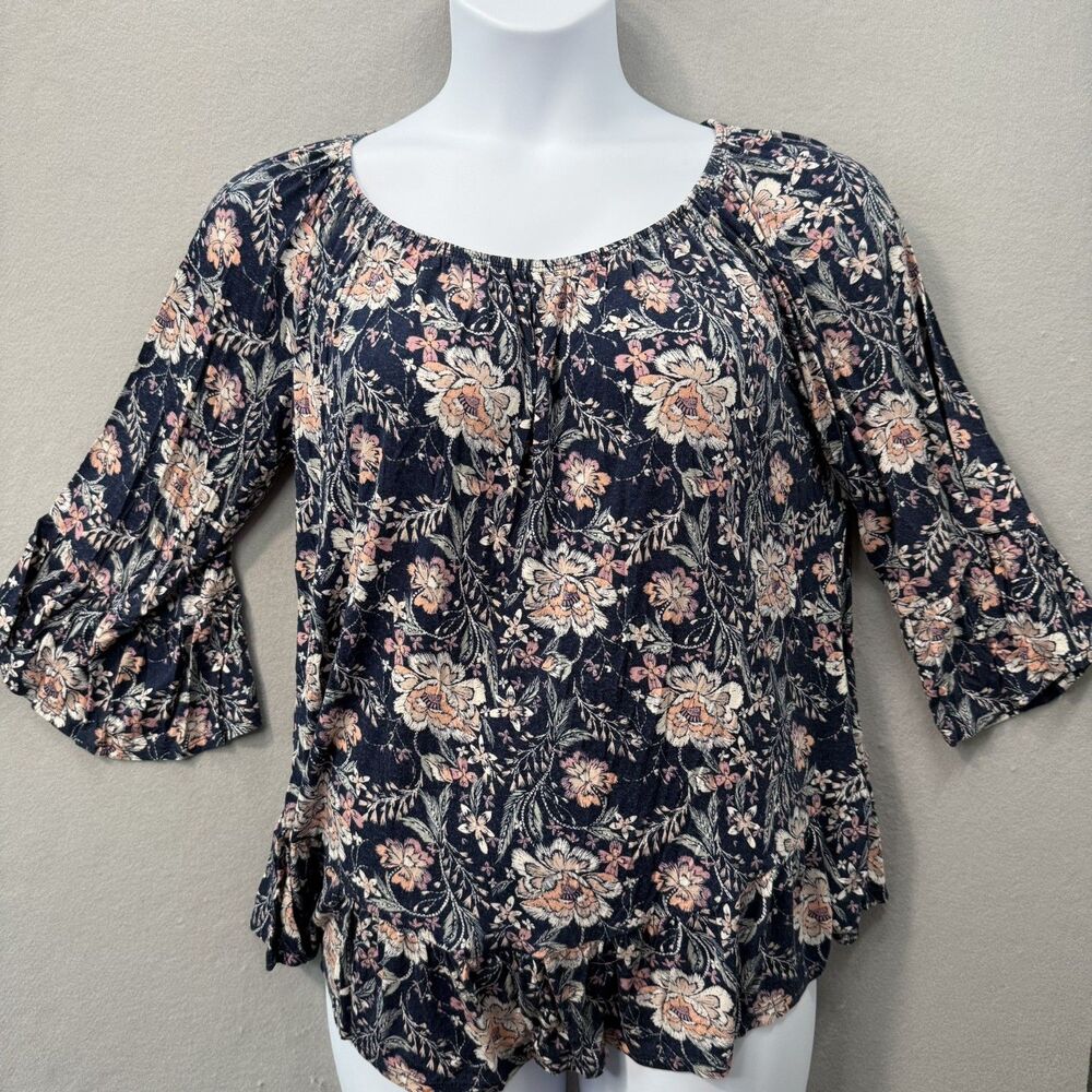 Style & Co Peasant Blouse XL Navy Blue Pink Floral Boho 3/4 Bell Sleeve Top Used